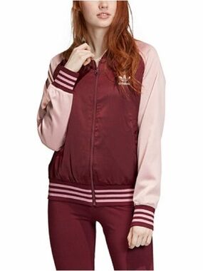 adidas Women's Burgundy and Light Pink Satin Bomber Jacket